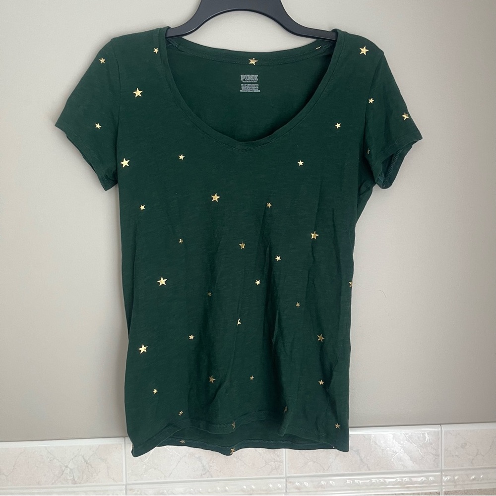 Victoria’s Secret Pink V-neck Dark Green Star-Patterned Women's T-Shirt Size XS